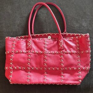 Italian leather Chic Red Tote with Cross-Stitch Detailing